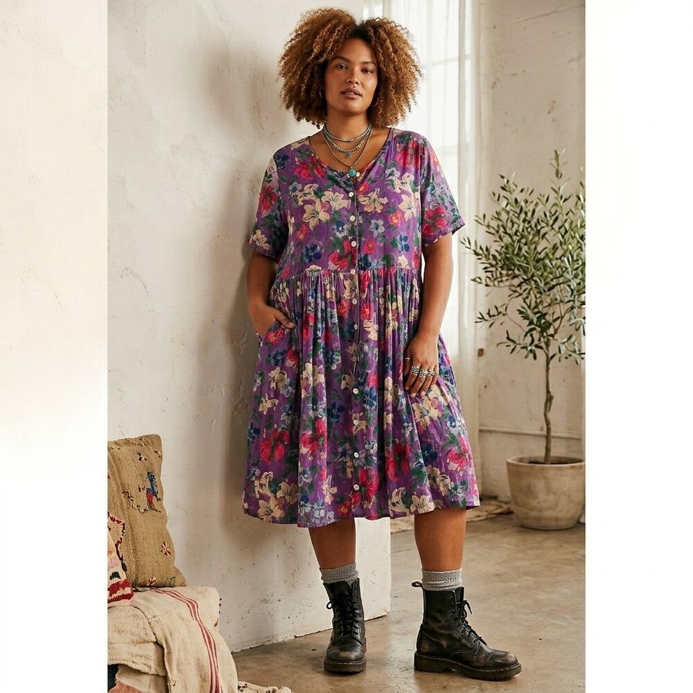 Vintage La Cera 100% Cotton Button Front Floral Dress 2X 90s Grunge Cottagecore
